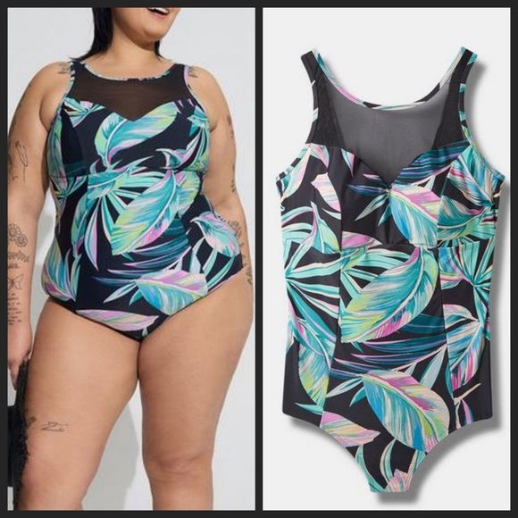 NWT Torrid Pretty Summer Leaves Black Mesh High Neck Swimsuit Size 2 2X 18 20 - Picture 1 of 9